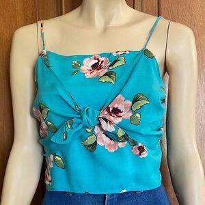 Honey Punch Top Aqua Blue Blouse Floral Tie Front Shirt Size M Party Beach Vacay